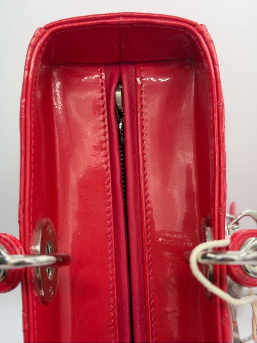 Authentic Christian Dior Large Lady Dior Patent Cannage Pink Red Patent Leather - Picture 6 of 16